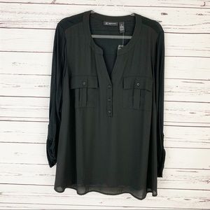 INC Woven-Front V Neck Plus Size Top Black 2X